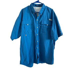 Columbia Bahama PFG Mens XL Tactel Nylon Blue Solid Outdoor Fishing Shirt Short